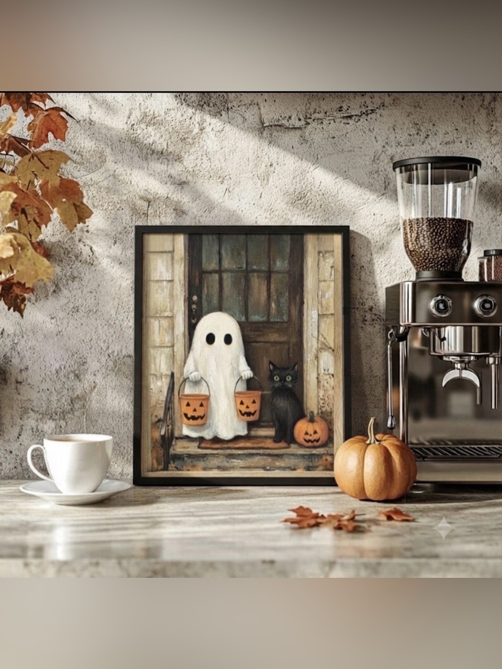 Ghost and Black Cat Trick or Treating, Whimsical Halloween Wall Art, Fall Print